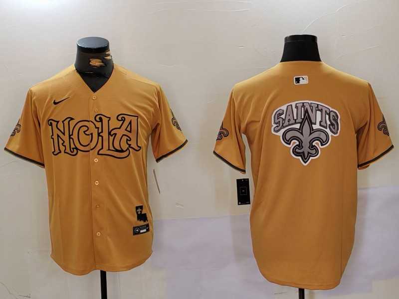 Mens New Orleans Saints Team Big Logo Gold Cool Base Stitched Baseball Jersey